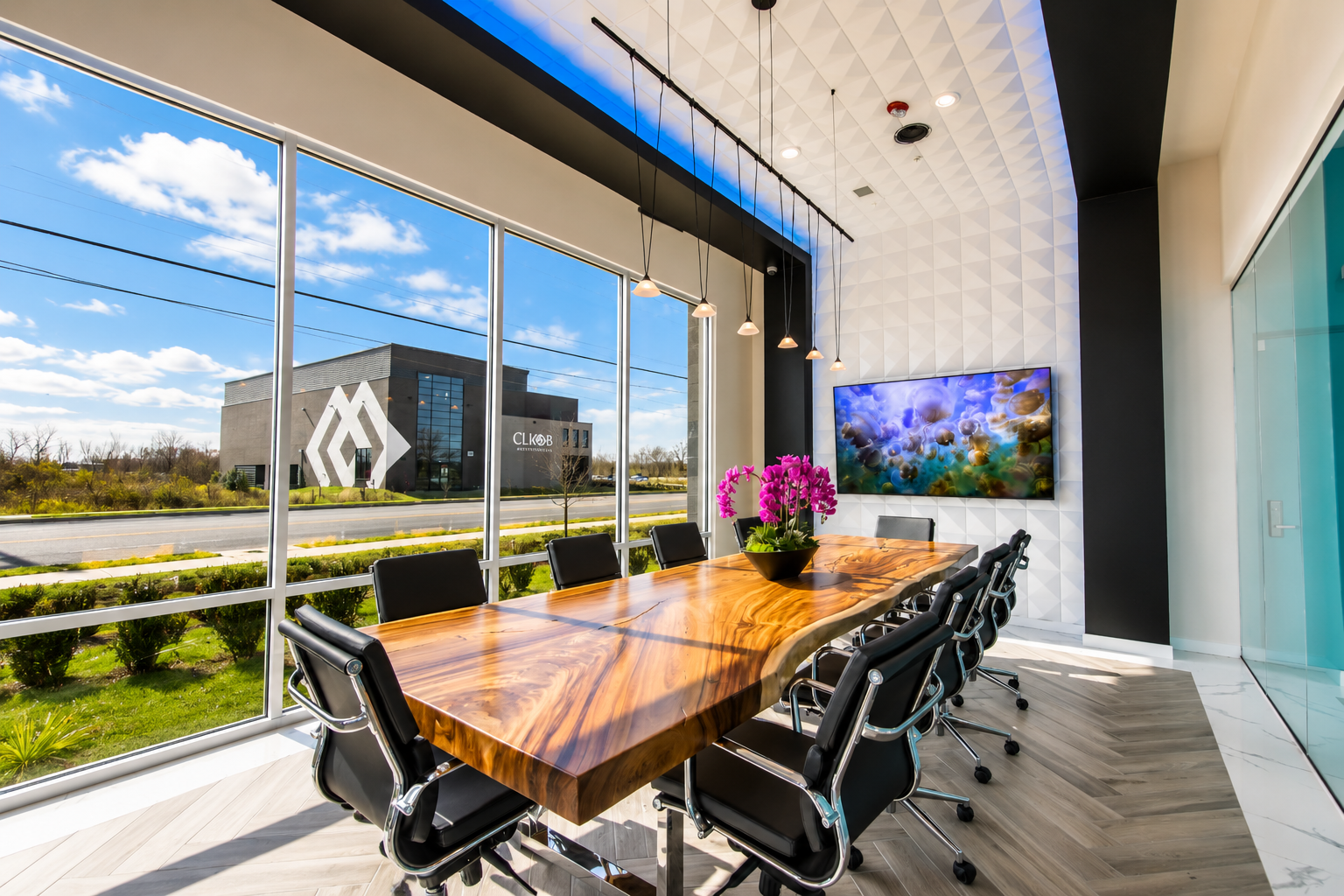 Modern Storage® Bentonville conference room with table, chairs, large windows, and bright interior